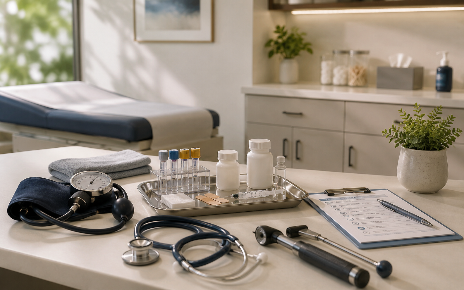 Calm exam room prepared for treatments and procedures