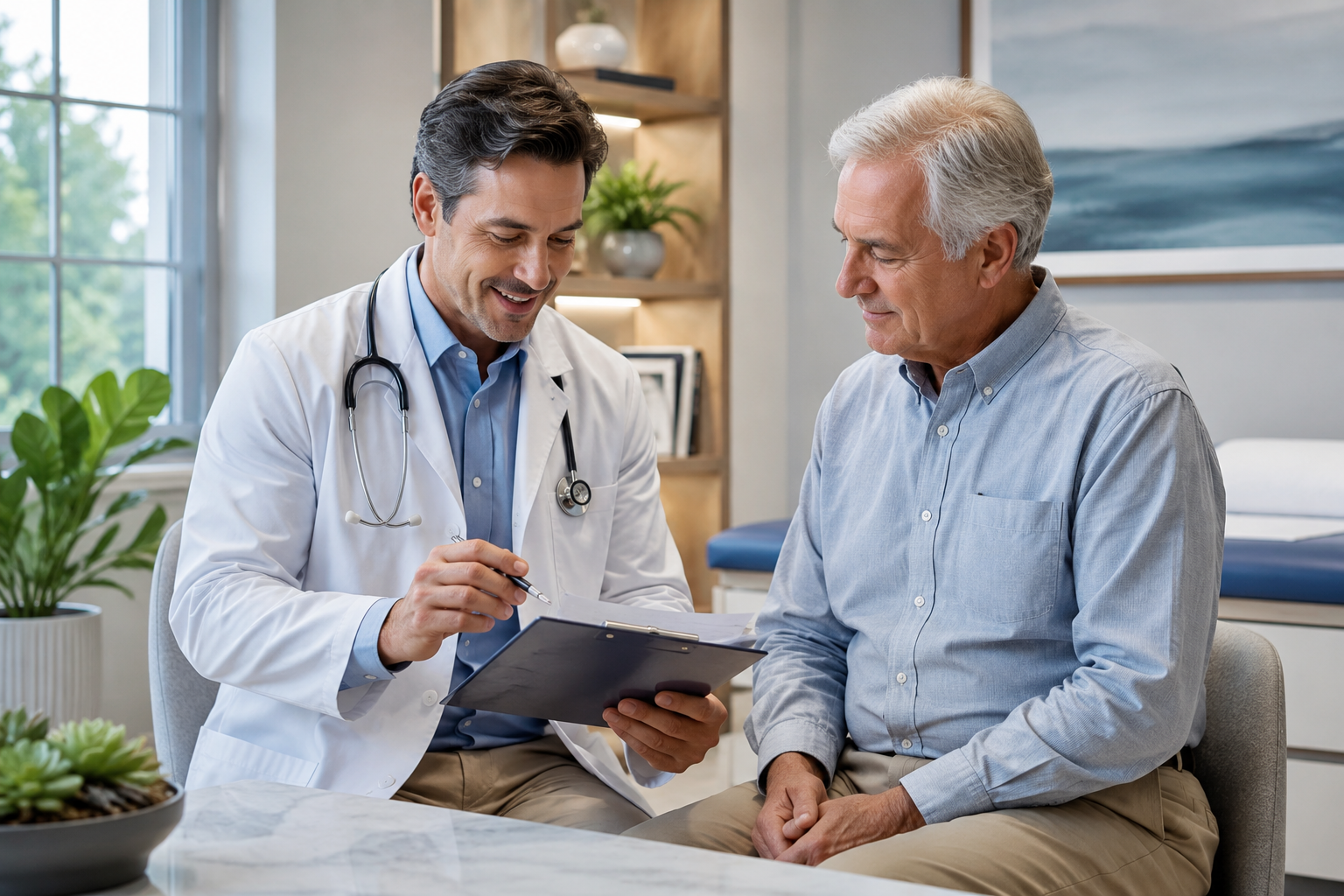 Doctor reviewing post-hospital follow-up care with a patient in a calm medical office