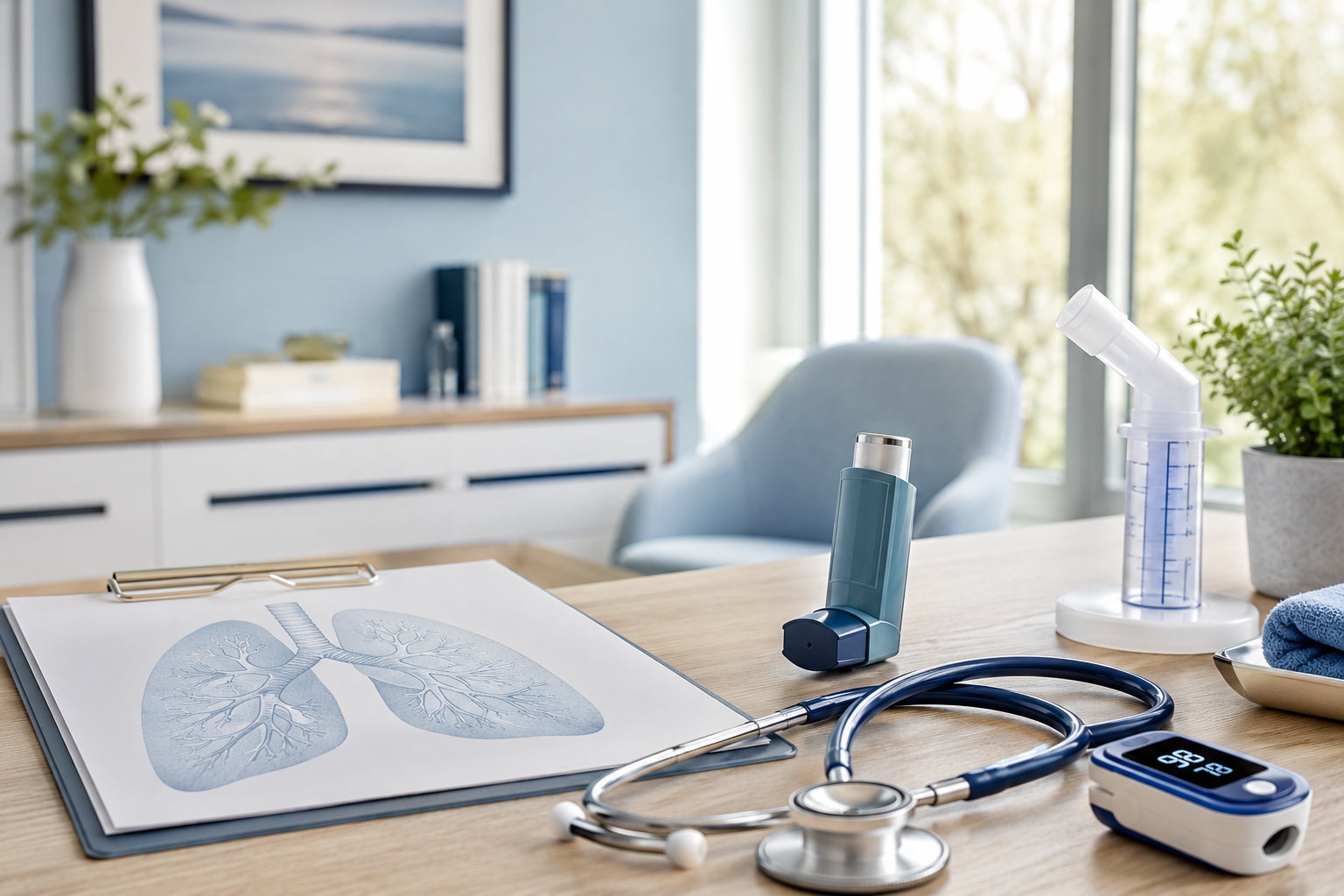 Respiratory support consultation setting with medical equipment in a calm, bright office
