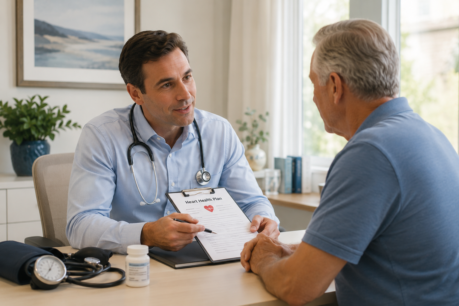 Doctor discussing a heart health plan with a patient in a calm office