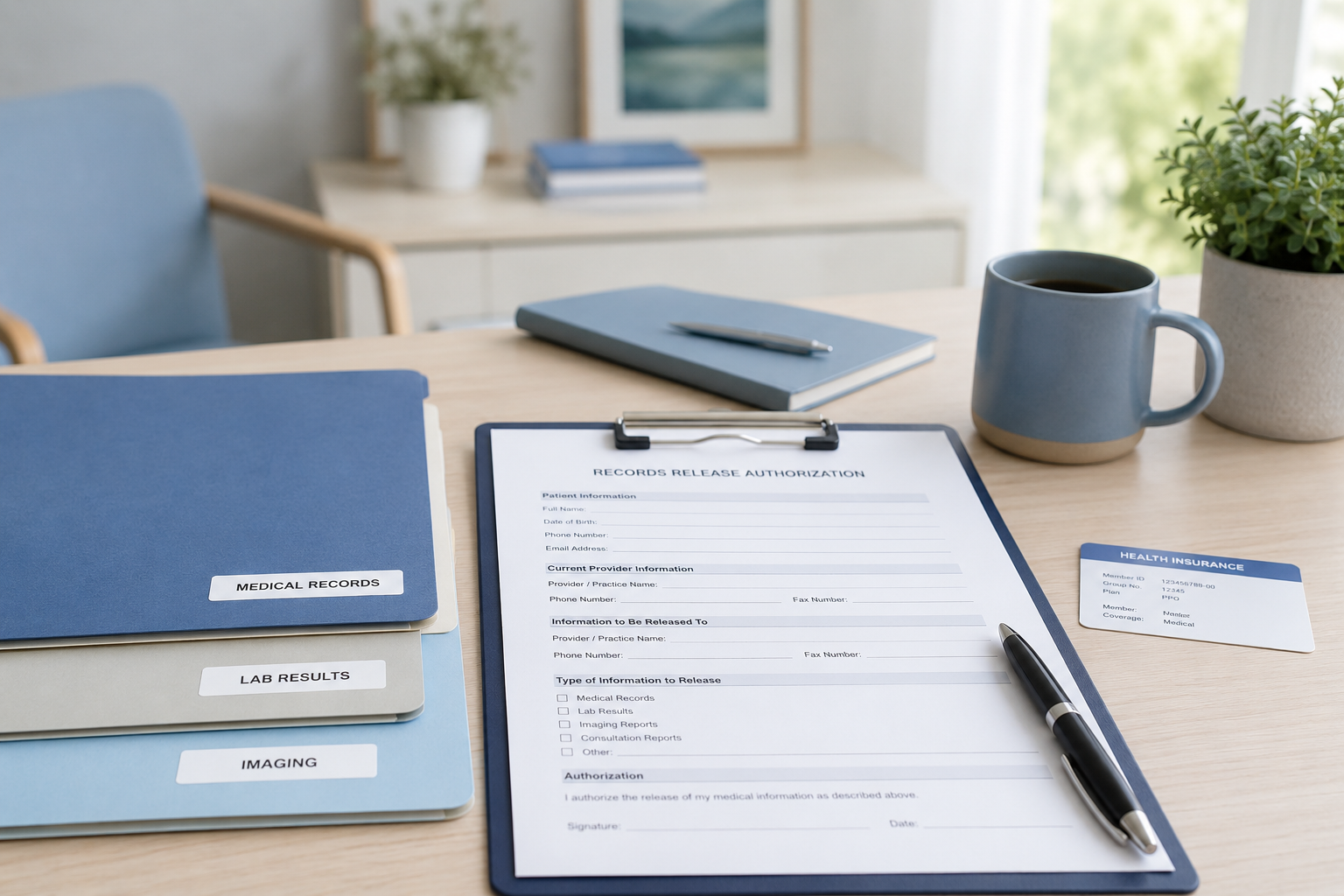 Organized medical records, lab results, and release forms for coordinated care